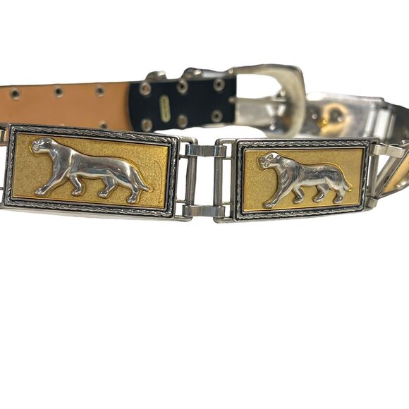 Vintage Statement Gold & Silver-Tone Metal Panther / Jaguar Rectangle Link Belt - Picture 1 of 8